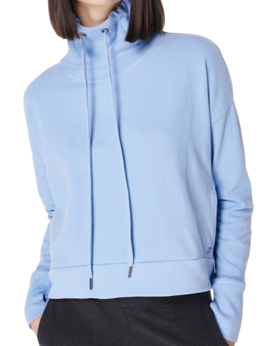 Sweaty Betty Harmonise Luxe Fleece Sweatshirt Light Blue Drawstring Cowl Size 16